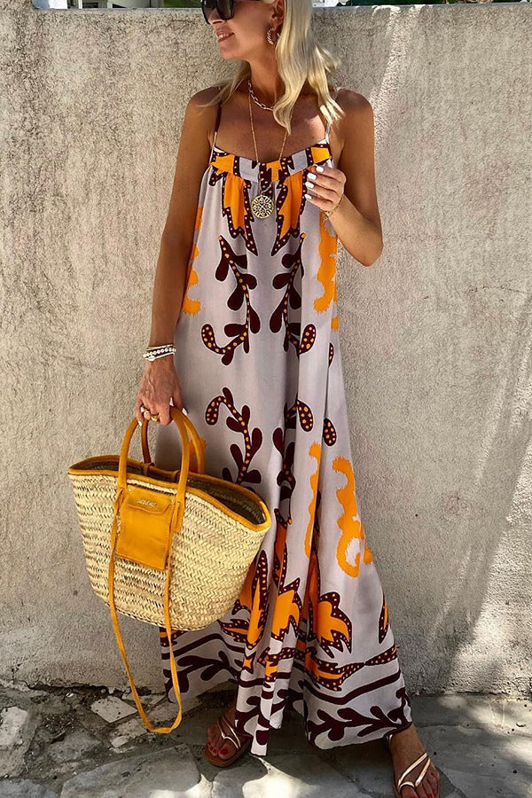 Long Dress with Shoulder Straps and Ethnic Print – Summer Color Palette