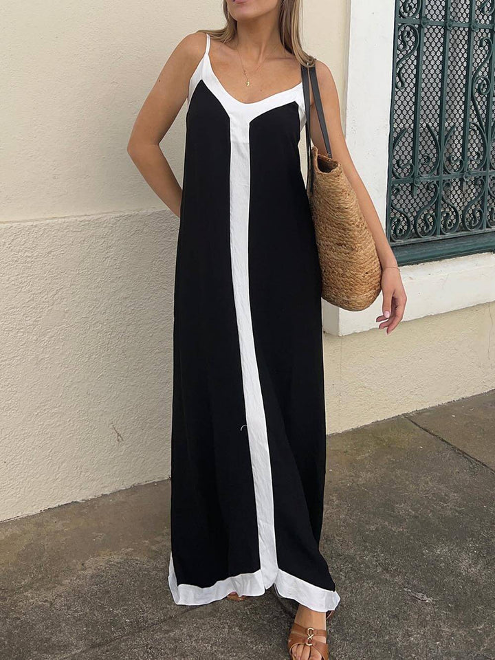 Midi Dress with Adjustable Straps and Color Block Design