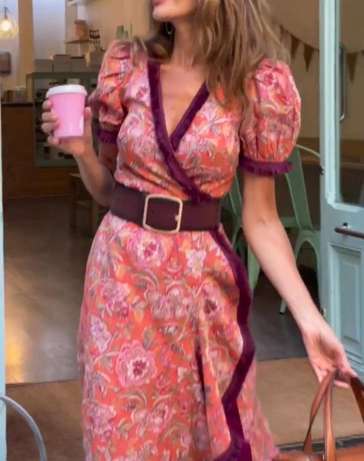 Elegant pink maxi dress with short sleeves