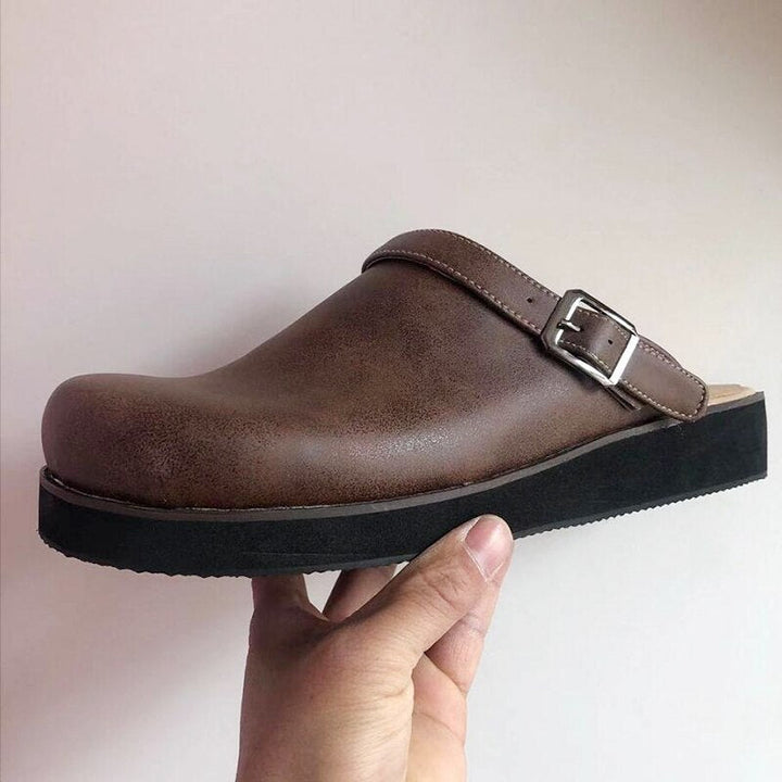 Milano | Men's Buckled Slip-On Clogs – Brown Leather Look