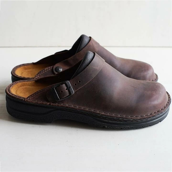 Milano | Men's Buckled Slip-On Clogs – Brown Leather Look