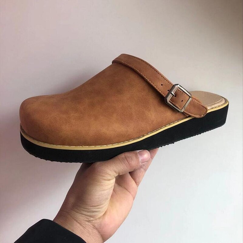 Milano | Men's Buckled Slip-On Clogs – Brown Leather Look