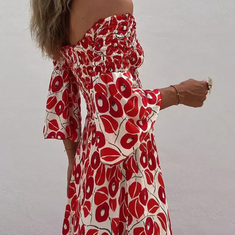 Long Dress with Open Shoulders and Floral Print – Elegance and Summer Freshness
