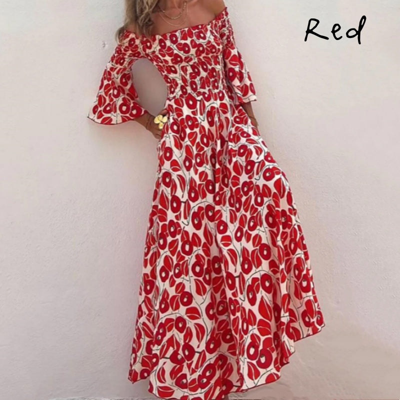 Long Dress with Open Shoulders and Floral Print – Elegance and Summer Freshness